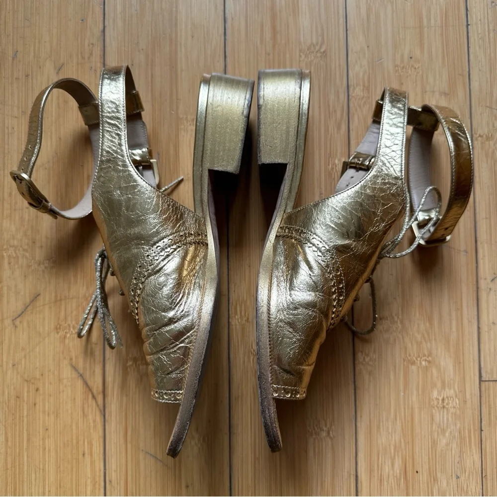 CHANEL Metallic Gold Leather Open-Toe Lace-Up Flats